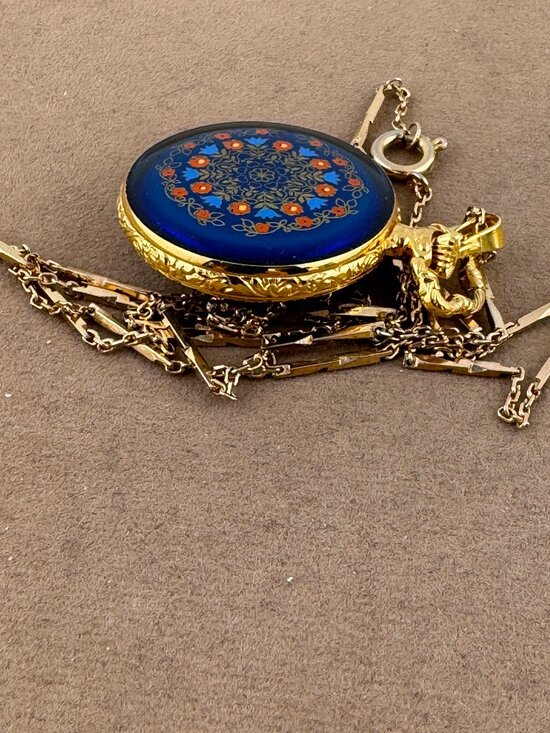 Vintage Hudson Gold Plated Pendant Watch with Blue Guilloche & Red Flower Motifs main image 7
